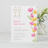 Boho Pink Yellow Tulips Gold Flutes Bridal Brunch Einladung (Stehend Vorderseite)