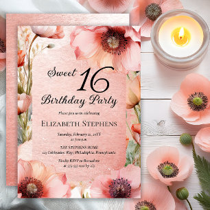 Boho Pinke Mohnblumen Florale Sweet 16 Geburtstags Einladung