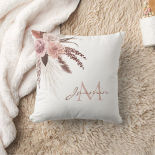 Boho Pinkes Pampasgras Blumenmonogramm Kissen