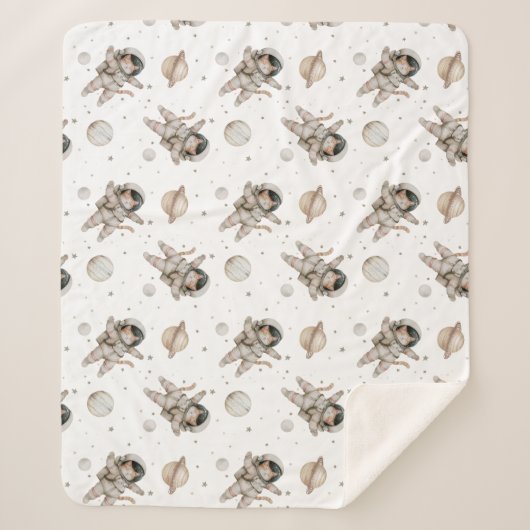 Boho Planeten, Sterne und Raumkatze Sherpadecke (Vorderseite)