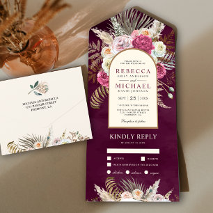 Boho Plum floral Bouquet Arch Wedding All In One Einladung