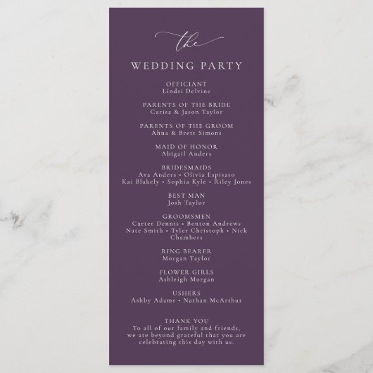 Boho Plum Lila Elegant Minimalistisch I Wedding Programm (Rückseite)