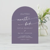 Boho Plum Lila Foto Arch Spanish Wedding Einladung (Stehend Vorderseite)