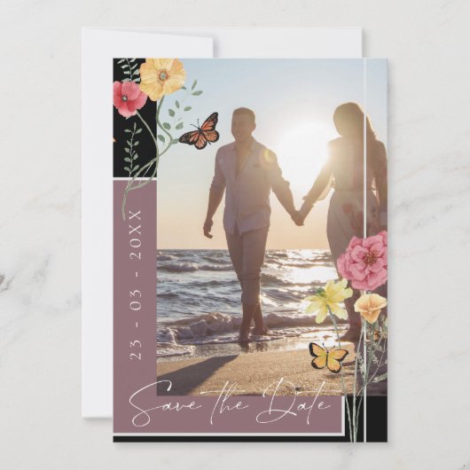 Boho Plum Lila Wildblumen Foto Save the Date (Vorderseite)
