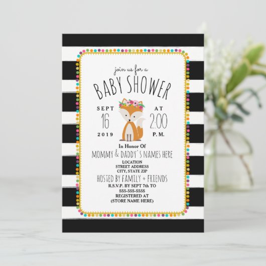 Boho Pom Poms + Streifen Fox Babydusche Einladung (Stehend Vorderseite)