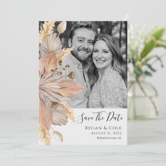 Boho Pompas Gras Save The Date Karte (Stehend Vorderseite)