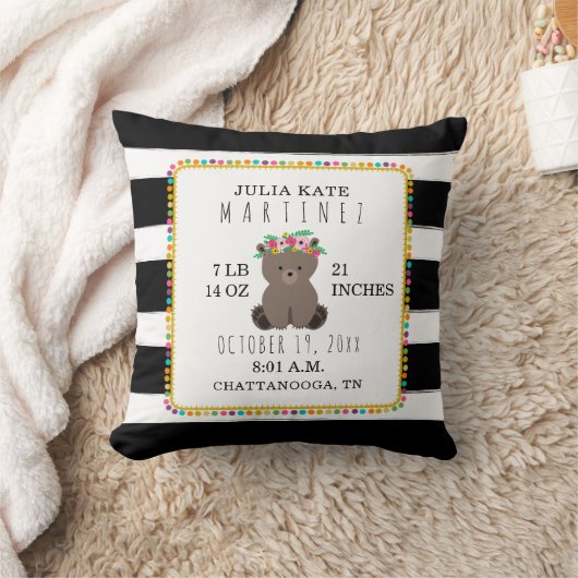 Boho Pompom Stripe Bear Baby Girl Birth Stats Kissen (Decke)