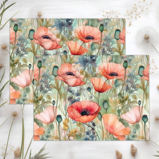BOHO POPPIES SPRING FLORAL DECOUPAY SEIDENPAPIER