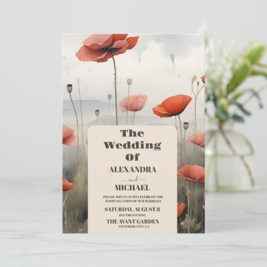 Boho Poppy Wildblume Botanische Hochzeit Einladung (Stehend Vorderseite)