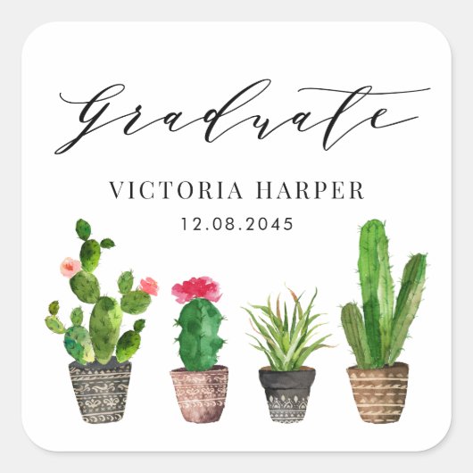 Boho Potted Succulents and Cactus Abschluss Quadratischer Aufkleber (Vorderseite)