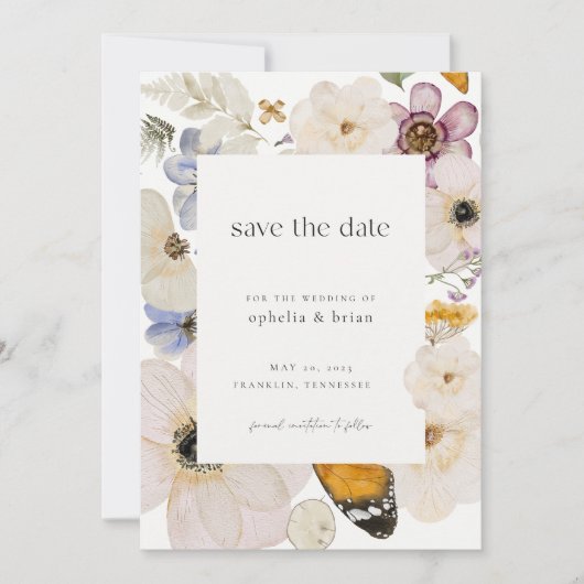 Boho Pressed Dried Blume Save the Date Einladung (Vorderseite)