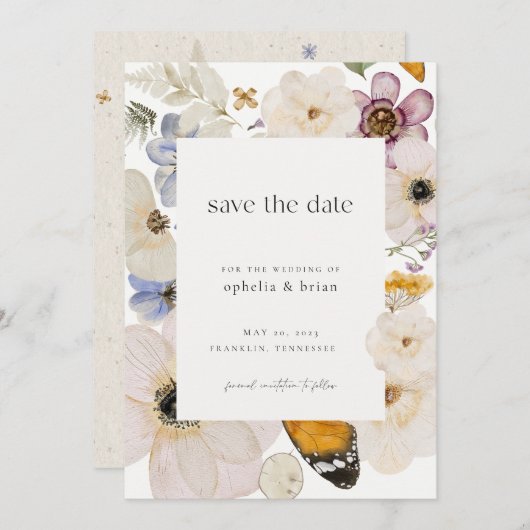 Boho Pressed Dried Blume Save the Date Einladung (Vorne/Hinten)