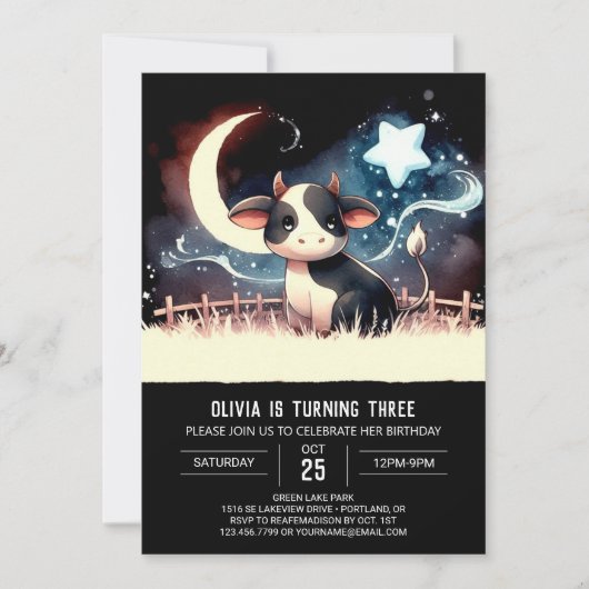 Boho Printable Cow Birthday Einladung (Vorderseite)