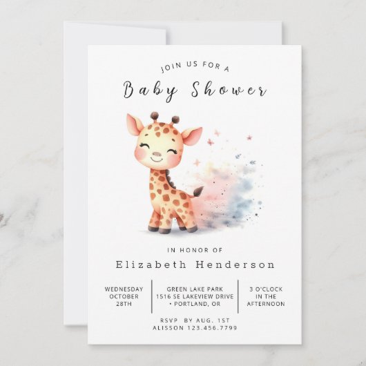 Boho Printable Giraffe Baby Dusche Einladung (Vorderseite)