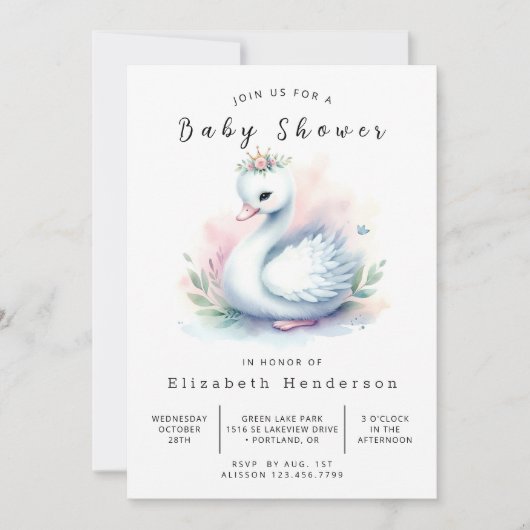 Boho Printable Swan Baby Shower Einladung (Vorderseite)
