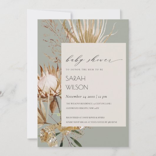 Boho Protea Dried Palm Floral Baby Shower Einladun Dankeskarte (Vorderseite)