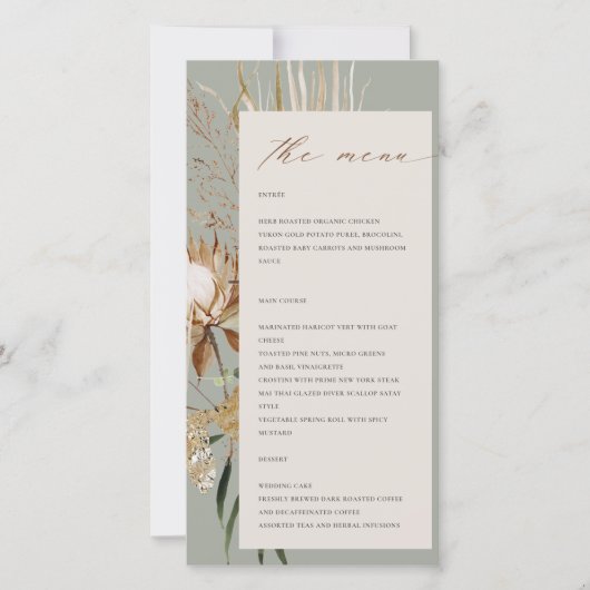 Boho Protea Dried Palm Floral Wedding Menu Card Dankeskarte (Vorderseite)