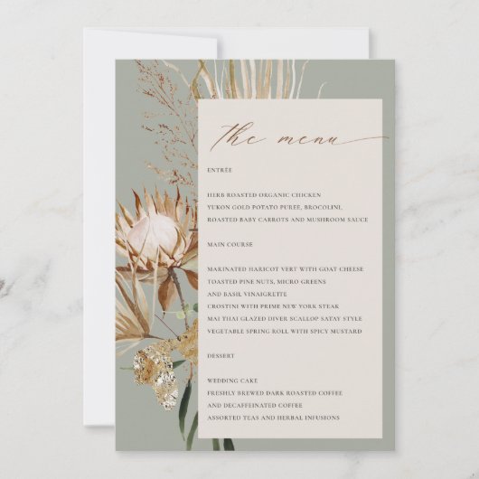 Boho Protea Dried Palm Floral Wedding Menu Card Einladung (Vorderseite)