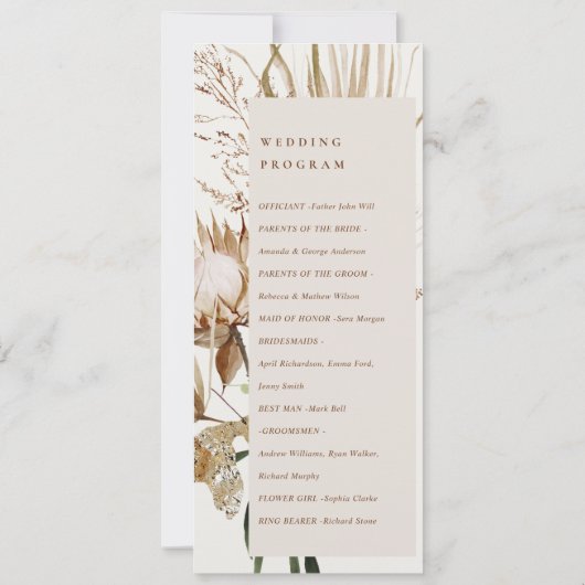 Boho Protea Dried Palm Floral Wedding Program Einladung (Rückseite)