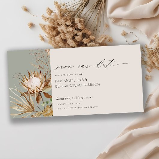 Boho Protea Save the Date Palm Floral Dankeskarte