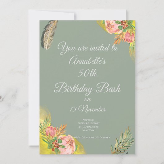 Boho Proteas Elegant 50. Einladung (Vorderseite)