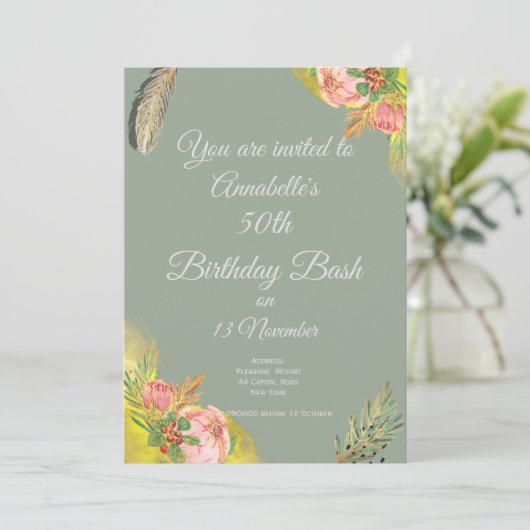 Boho Proteas Elegant 50. Einladung (Stehend Vorderseite)