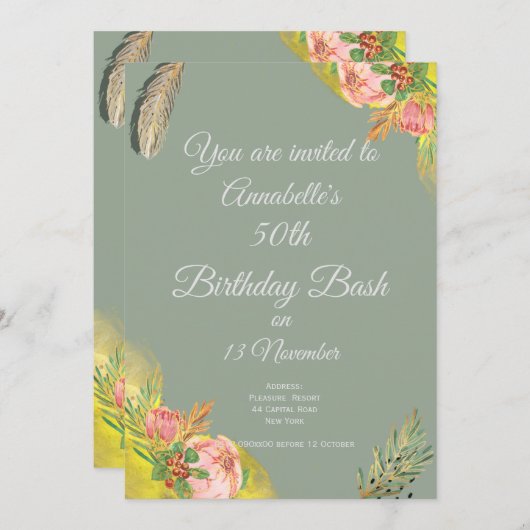 Boho Proteas Elegant 50. Einladung (Vorne/Hinten)