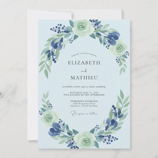 Boho-Puder Azurblättrige Hochzeit Einladung (Vorderseite)