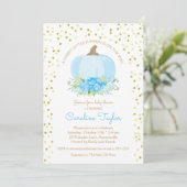 Boho Pumpkin Baby Boy Dusche Watercolor Blue Gold Einladung (Stehend Vorderseite)