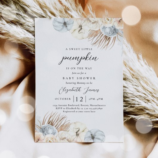 Boho Pumpkin Blue Pampas Grass Boy Baby Shower Einladung