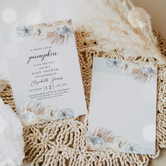 Boho Pumpkin Blue Pampas Grass Boy Baby Shower Einladung