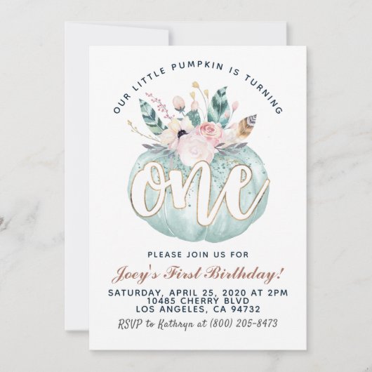 Boho Pumpkin Einladung zum ersten Geburtstag (Vorderseite)