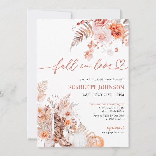 BOHO Pumpkin Fall in Liebe Bridal Dusche Einladung (Vorderseite)