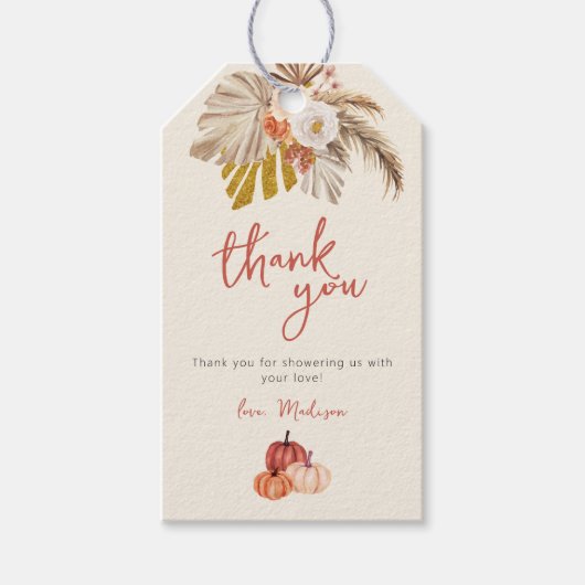 Boho Pumpkin Fall in Liebe mit Baby Danke Geschenkanhänger (Vorderseite)