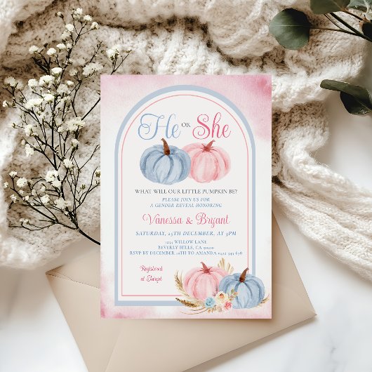Boho Pumpkin Gender Reveal Pink & Blue Floral Einladung