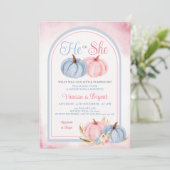 Boho Pumpkin Gender Reveal Pink & Blue Floral Einladung (Stehend Vorderseite)