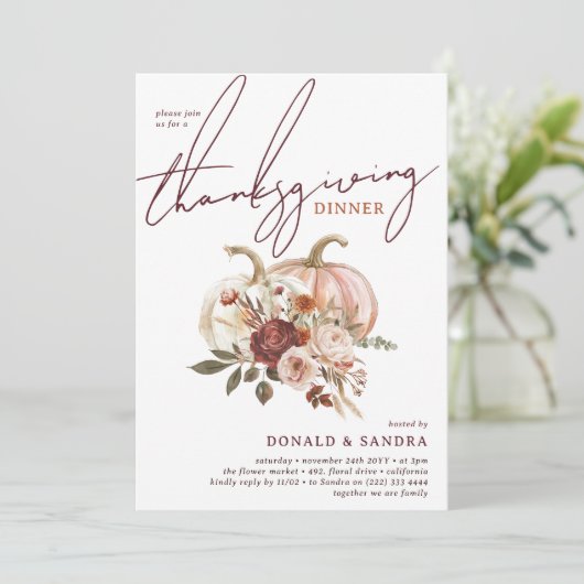 Boho Pumpkin Herbstbluben Erntedank Abendessen Einladung (Stehend Vorderseite)