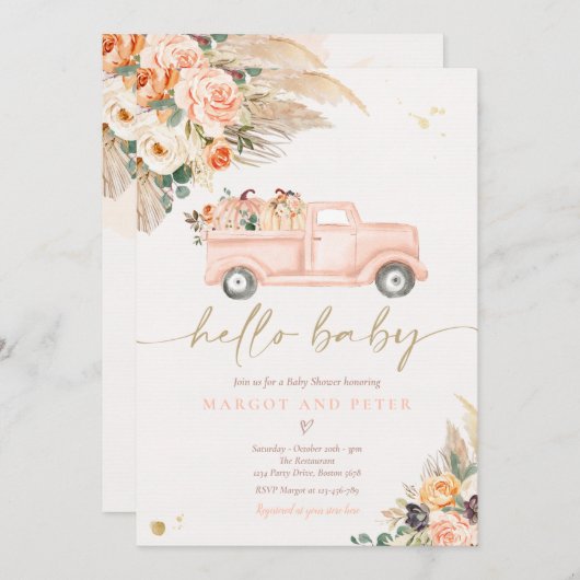 Boho Pumpkin Lieferwagen Truck Peach Girl Babydusc Einladung (Vorne/Hinten)