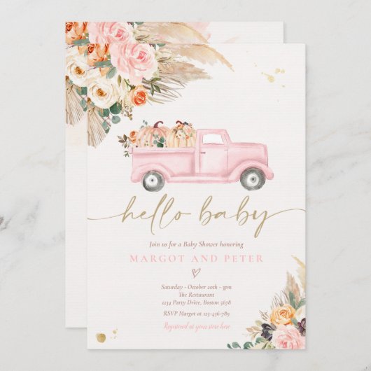 Boho Pumpkin Lieferwagen Truck Pink Girl Babydusch Einladung (Vorne/Hinten)