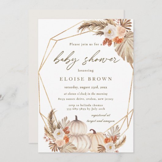 Boho Pumpkin Pampas Grass Floral Baby Shower Invi Einladung (Vorne/Hinten)