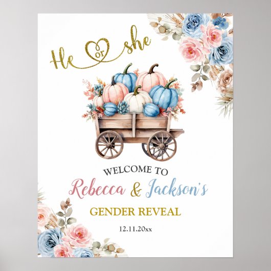 Boho Pumpkin Pampas Grass He or She Gender Reveal Poster (Vorne)