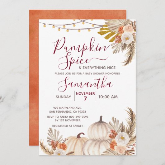 Boho Pumpkin Spice & Everything Nice Baby Dusche Einladung (Vorne/Hinten)