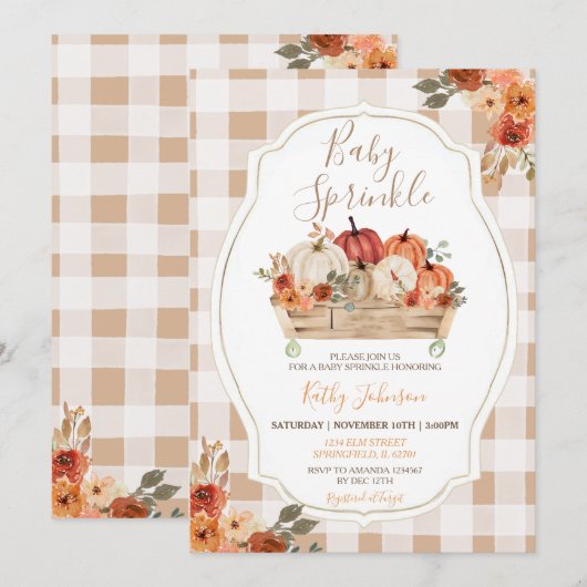 Boho Pumpkins Floral Gingham Fall Baby Sprinkle Einladung (Vorne/Hinten)