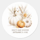 Boho Pumpkins Pampas Grasses Name Date Baby Shower Runder Aufkleber (Vorderseite)