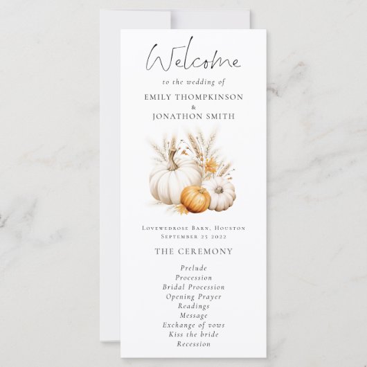 Boho Pumpkins Pampas Wedding Program Karte (Vorderseite)