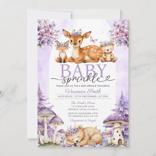 Boho Purple Deer Woodland Girl Baby Sprinkle Einladung (Vorderseite)