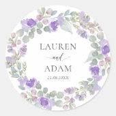 Boho Purple Floral Couples Names Wedding Runder Aufkleber (Vorderseite)