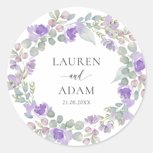 Boho Purple Floral Couples Names Wedding Runder Aufkleber (Vorderseite)