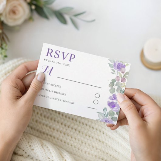 Boho Purple Floral Eucalyptus Wedding RSVP Karte