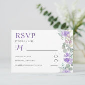 Boho Purple Floral Eucalyptus Wedding RSVP Karte (Stehend Vorderseite)